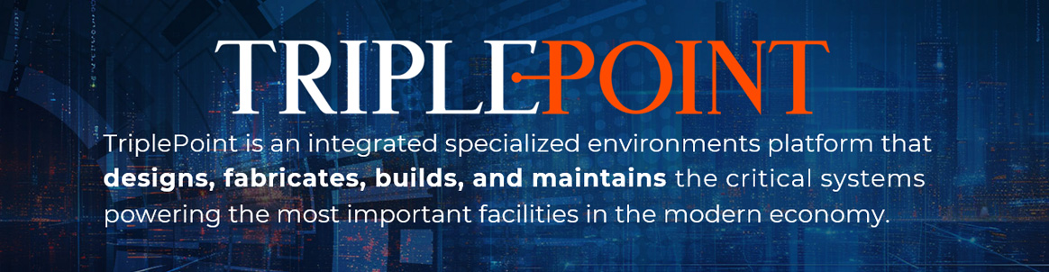 Hero banner featuring the TriplePoint logo on a blue tech background with the tagline about an integrated environments platform for critical facilities.