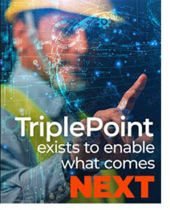 Construction worker in a hard hat reaches toward blue digital network graphics, with the text: 'TriplePoint exists to enable what comes NEXT'